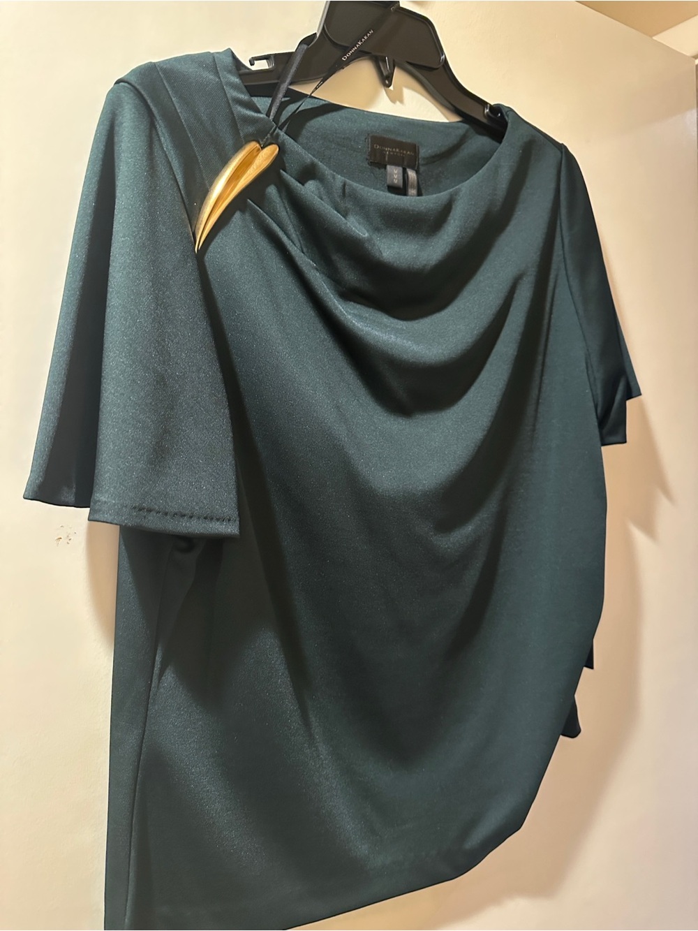 Donna Karan Forest Green Draped Neck Short-Sleeve Top